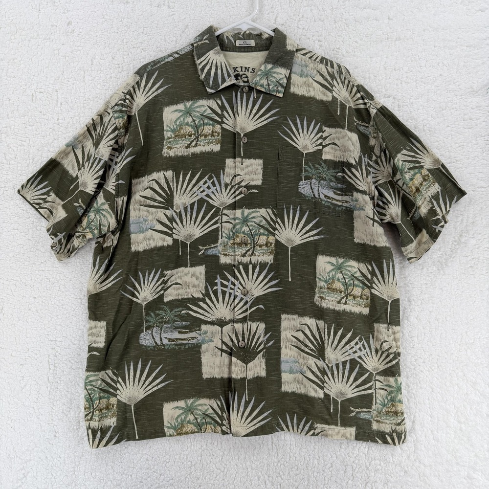 Skins Shirt Mens XL Green Palm Tree Hawaiian Button‎ Front Camp Stretch Comfort